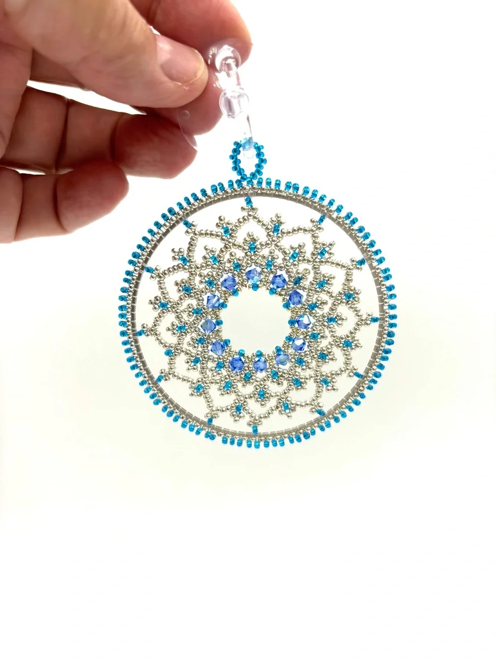 Hand Crafted Blue Beaded Mandala Window Suncatcher - Home Wall Decor